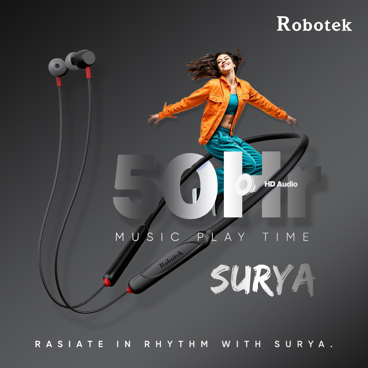 Robotek Surya Neckband – 50H Playback, Deep Bass, and Bluetooth Connectivity| Black & Blue colour|