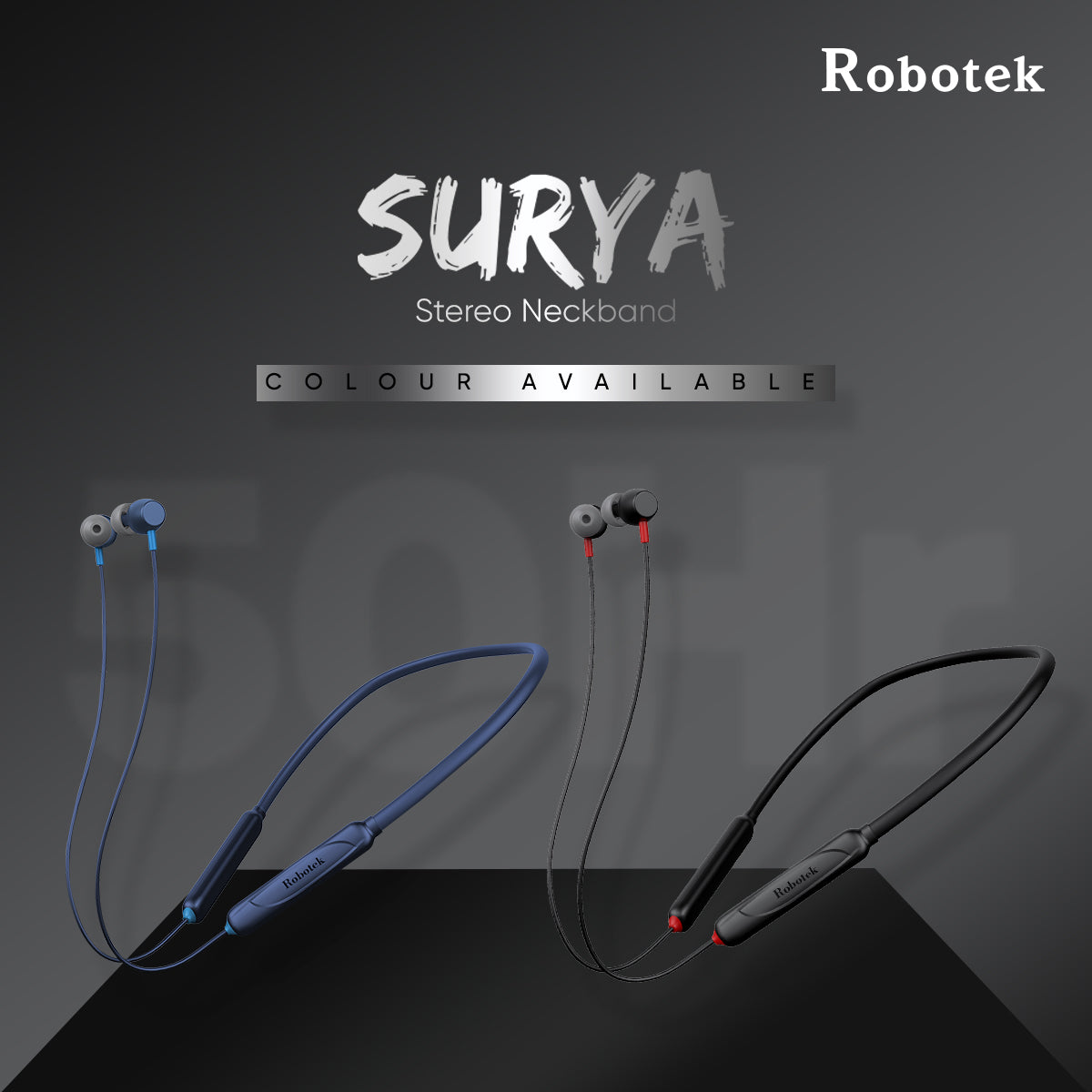 Robotek Surya Neckband – 50H Playback, Deep Bass, and Bluetooth Connectivity| Black & Blue colour|