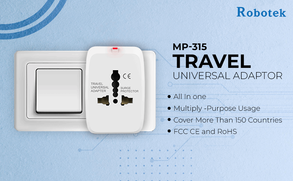 Robotek MP-315 Universal Travel Adapter - Surge Protector, Compact Design, USB Port