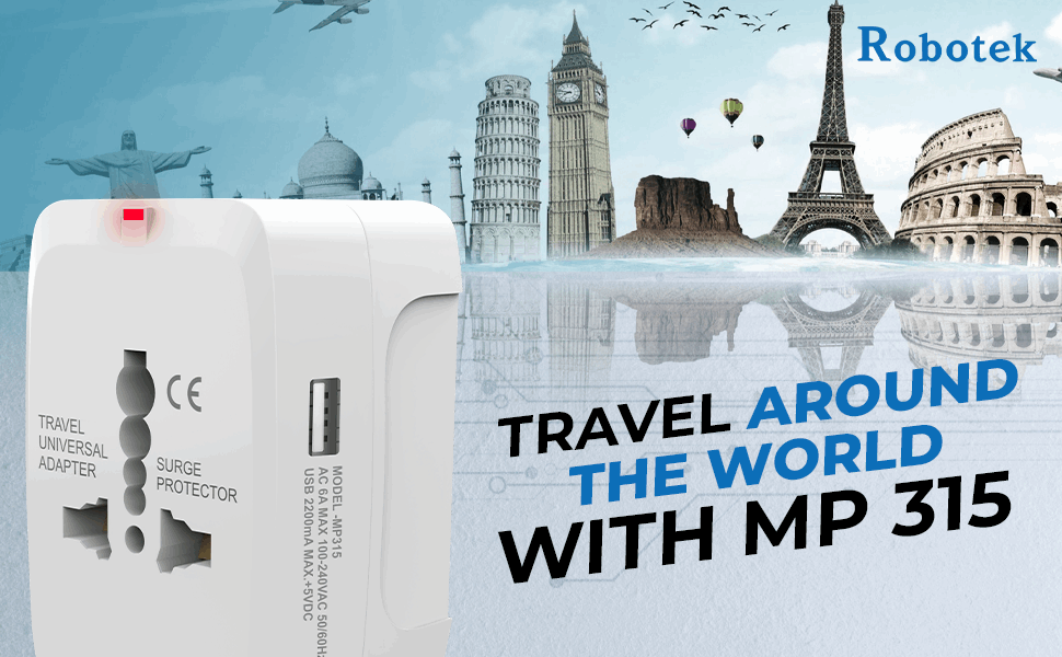 Robotek MP-315 Universal Travel Adapter - Surge Protector, Compact Design, USB Port