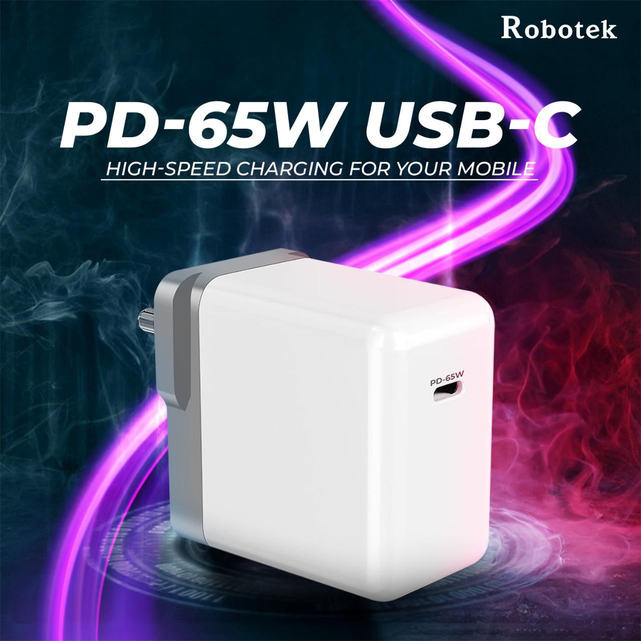 Robotek 65W PD-65 Super Fast Charging Wall Charger Adapter (In-built) IC Protection with 65Watt Super Fast Data Cable