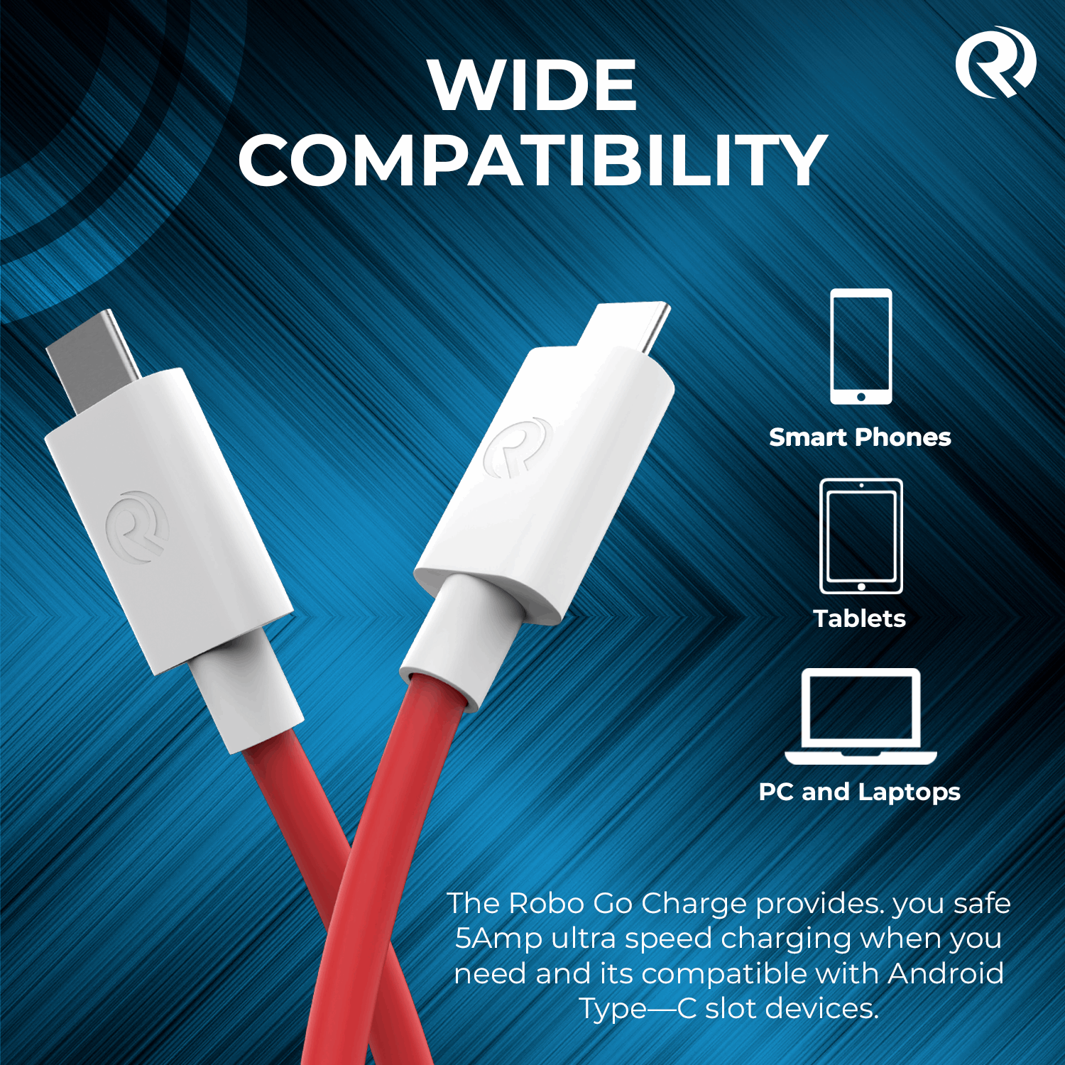 Robotek DC121 5A Fast Charging Cable - Type-C to Type-C for Smartphones, Tablets, Laptops, Power Banks