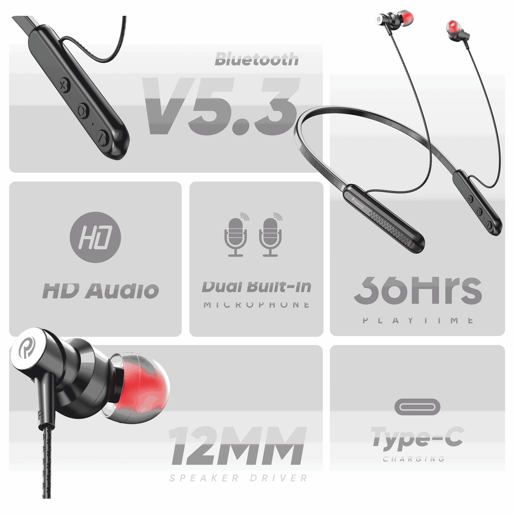 Robotek Yodha Wireless Neckband Earphones with Mic - Bluetooth Headphones for Sports, Gym, Running
